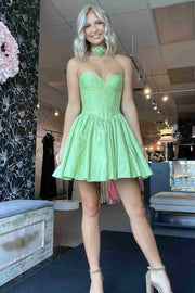 Light Green Strapless Satin Homecoming Dress with Flower