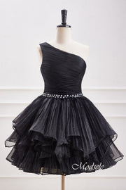 One Shoulder Black Beaded Ruffle Homecoming Dress