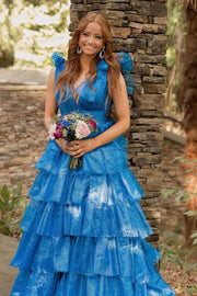 Blue V-Neck Tiered A-Line Long Prom Dress with Bow Tie Straps