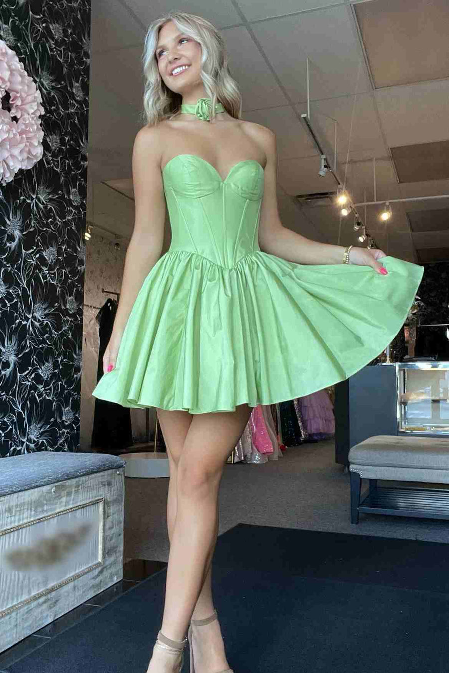 Light Green Strapless Satin Homecoming Dress with Flower Modsele Light Green Strapless Satin Homecoming Dress with Flower Modsele