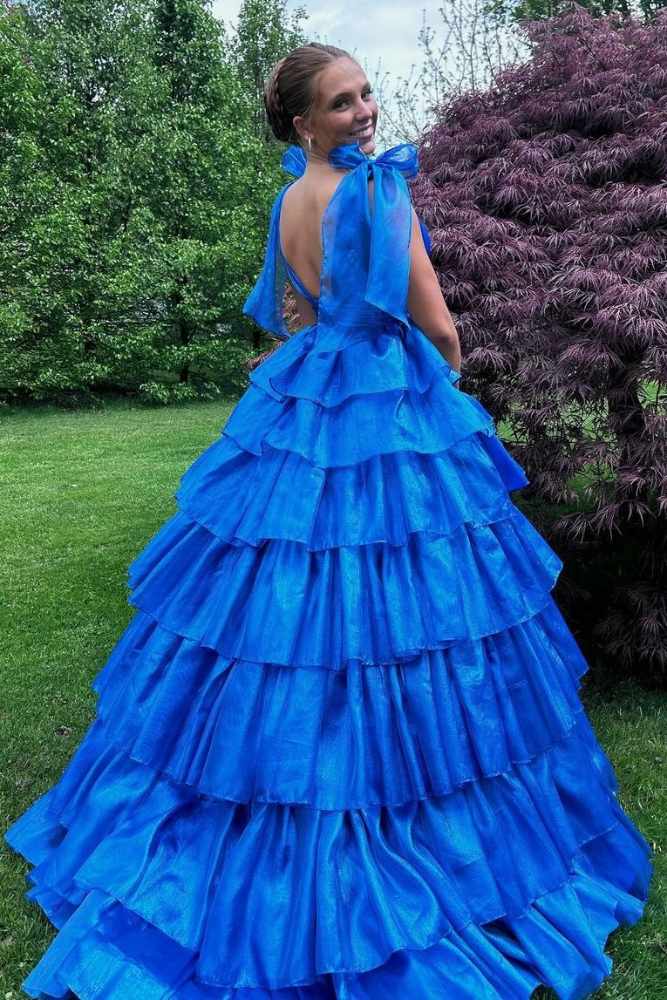 Blue V-Neck Tiered A-Line Long Prom Dress with Bow Tie Straps