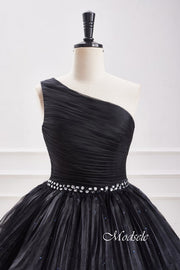 One Shoulder Black Beaded Ruffle Homecoming Dress