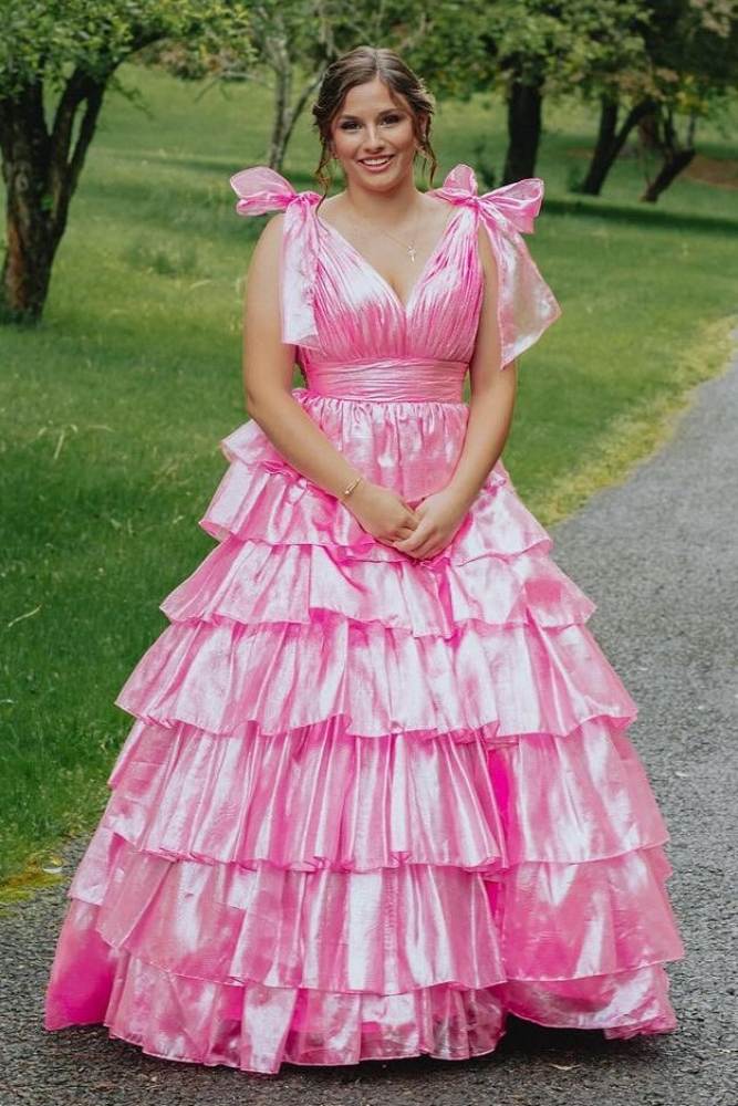 V-Neck Tiered A-Line Empire-Waist Sleeveless Long Prom Dress with Bow –  Modsele