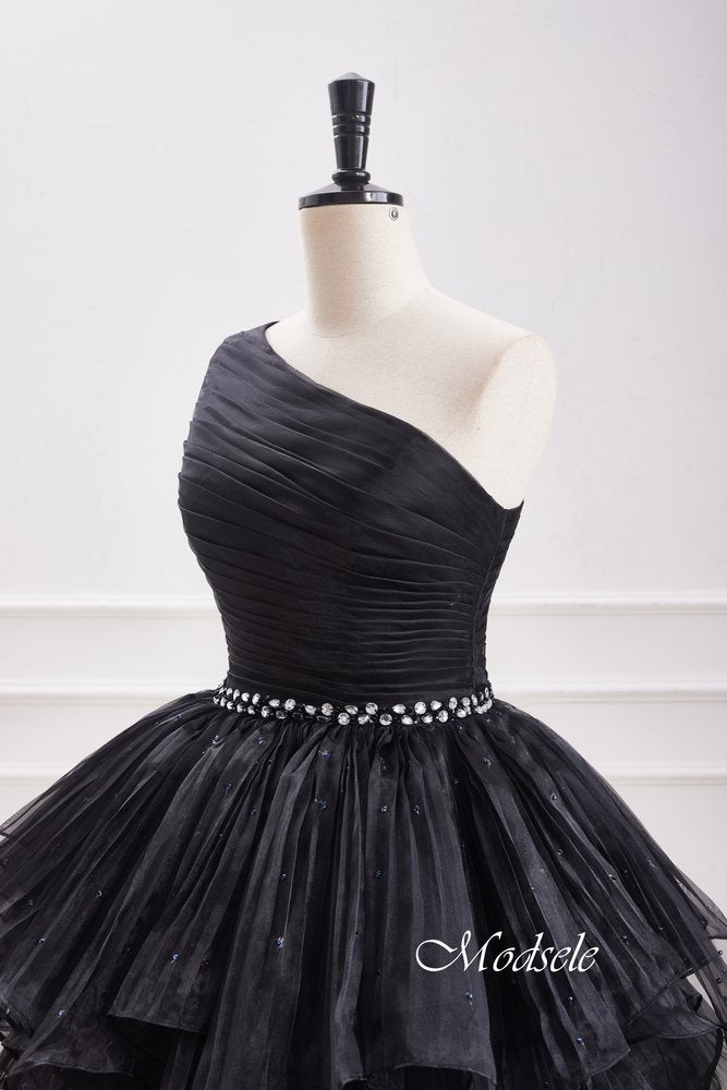 One Shoulder Black Beaded Ruffle Homecoming Dress