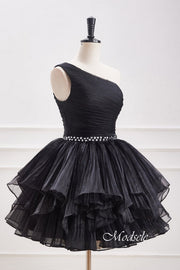 One Shoulder Black Beaded Ruffle Homecoming Dress