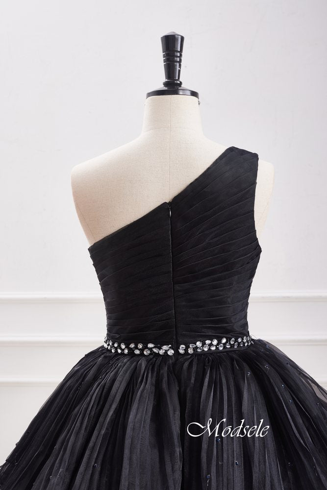 One Shoulder Black Beaded Ruffle Homecoming Dress