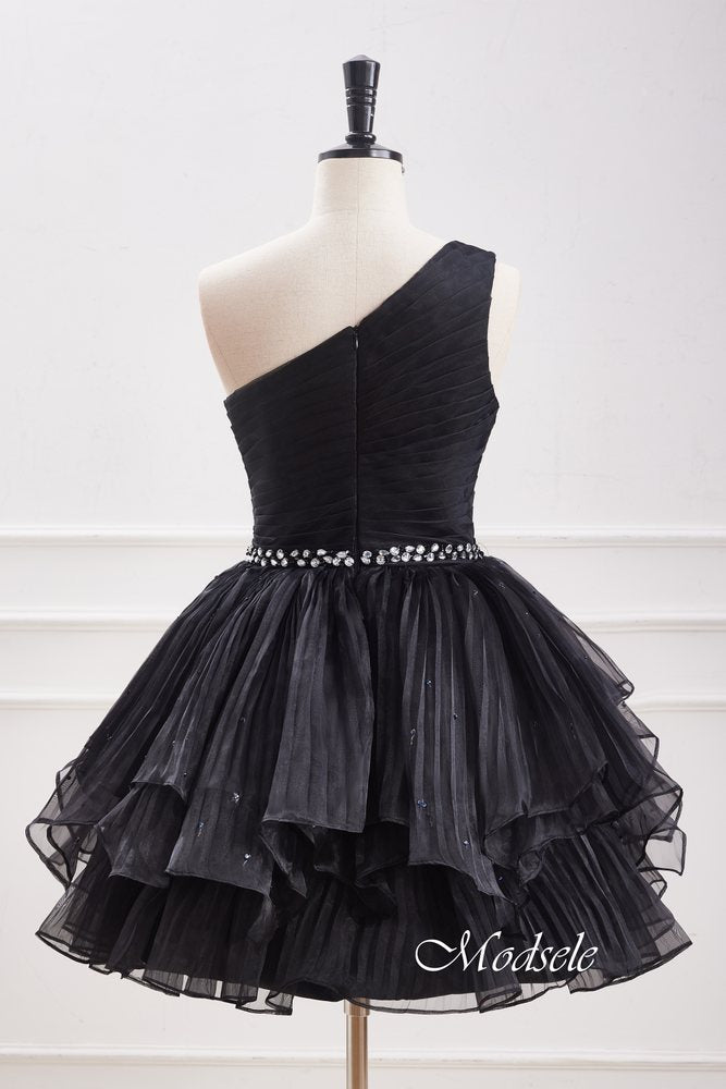 One Shoulder Black Beaded Ruffle Homecoming Dress