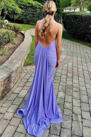 Blue Spaghetti Straps V-Neck Sleeveless Satin Long Prom Formal Dress
