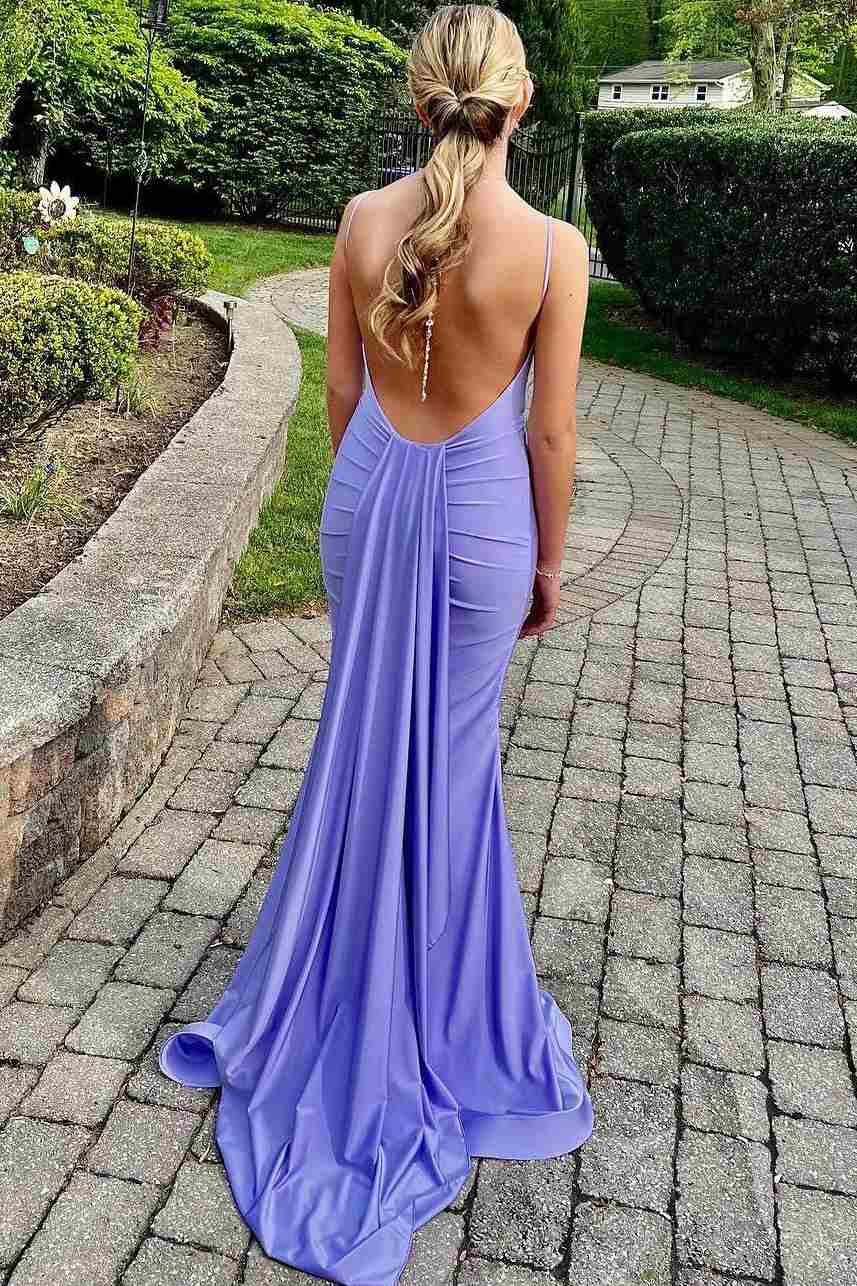 Blue Spaghetti Straps V-Neck Sleeveless Satin Long Prom Formal Dress