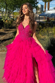 Magenta V-Neck Lace Appliques Ruffle Tiered Long Prom Dress