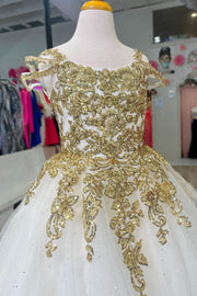 White Cold-Shoulder Long Girl Pageant Dress with Gold Appliques