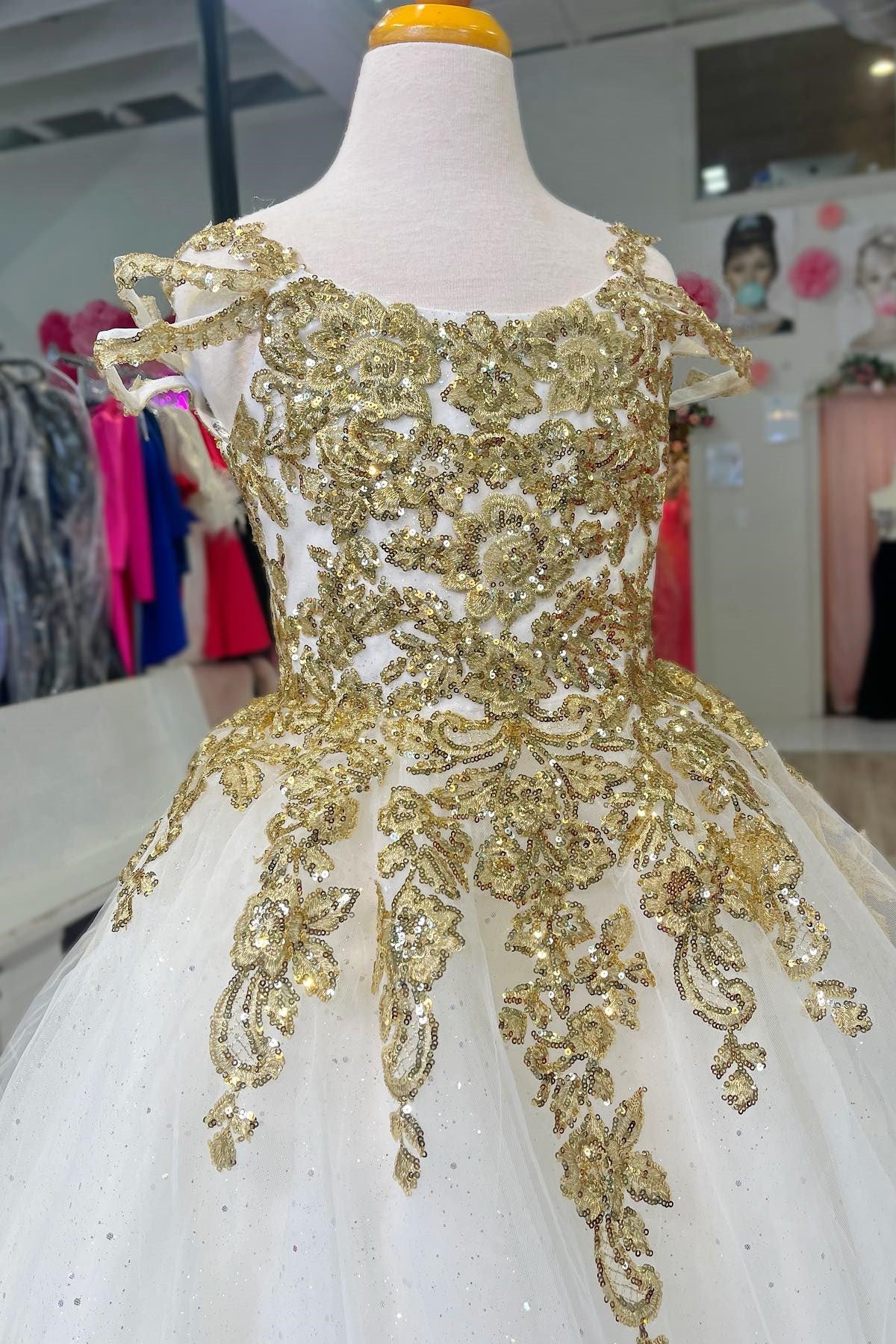 White Cold-Shoulder Long Girl Pageant Dress with Gold Appliques Modsele White Cold-Shoulder Long Girl Pageant Dress with Gold Appliques Modsele
