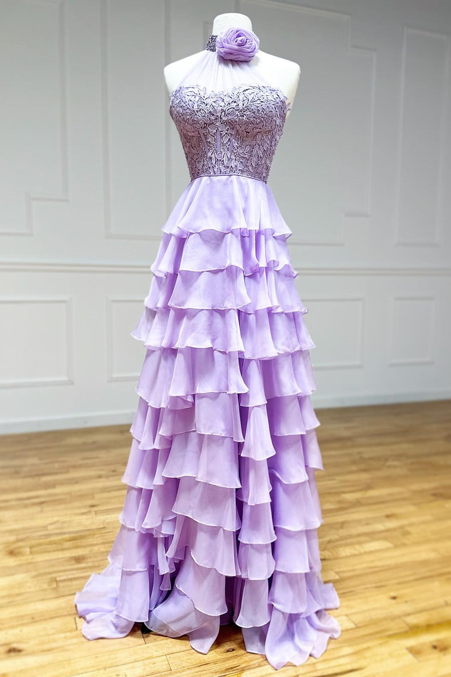 Lavender Halter Ruffle Tiered Chiffon Long Prom Dress