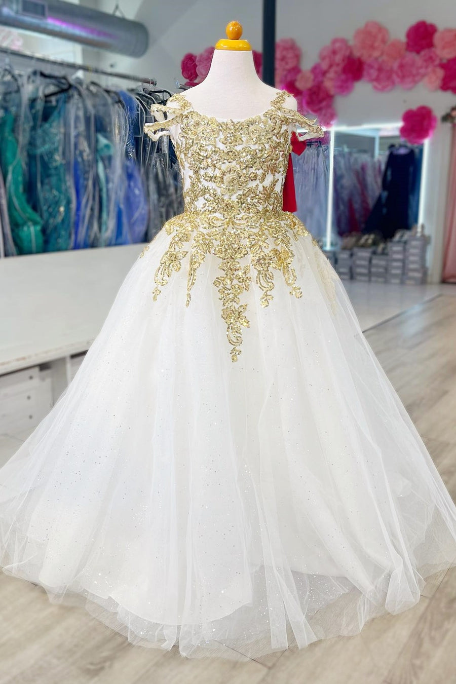 White Cold-Shoulder Long Girl Pageant Dress with Gold Appliques