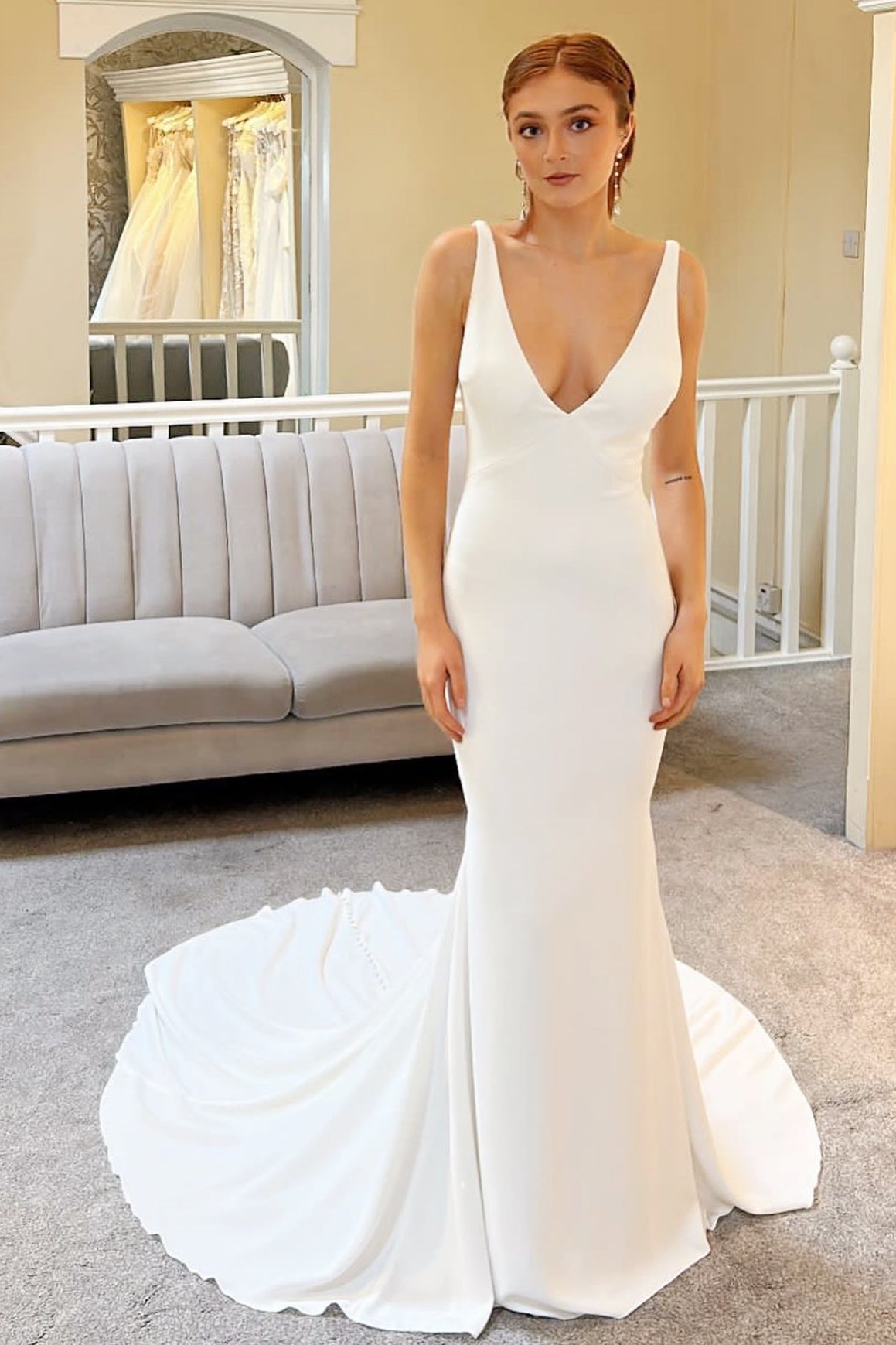 White Plunge V Mermaid Long Wedding Dress with Detachable Cape