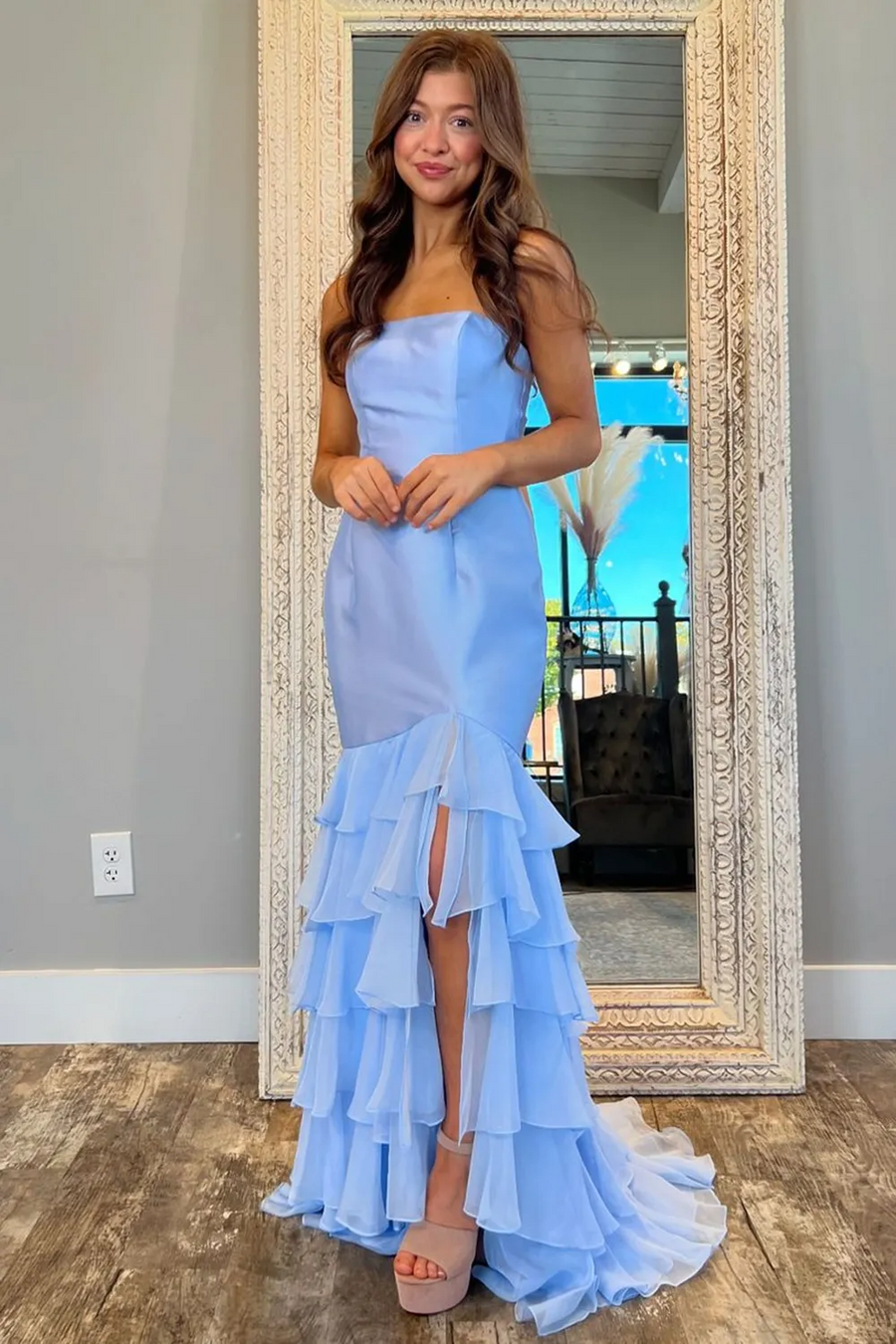 Pink Strapless Scoop Tiered Sleeveless Long Prom Formal Dress with Sli Modsele Pink Strapless Scoop Tiered Sleeveless Long Prom Formal Dress with Sli Modsele