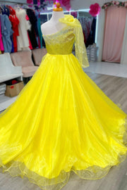 Yellow Beaded One-Shoulder Bow Girl Pageant Dress