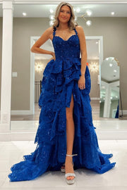 Blue Tulle Sequin Sweetheart Ruffle Tiered Long Gown