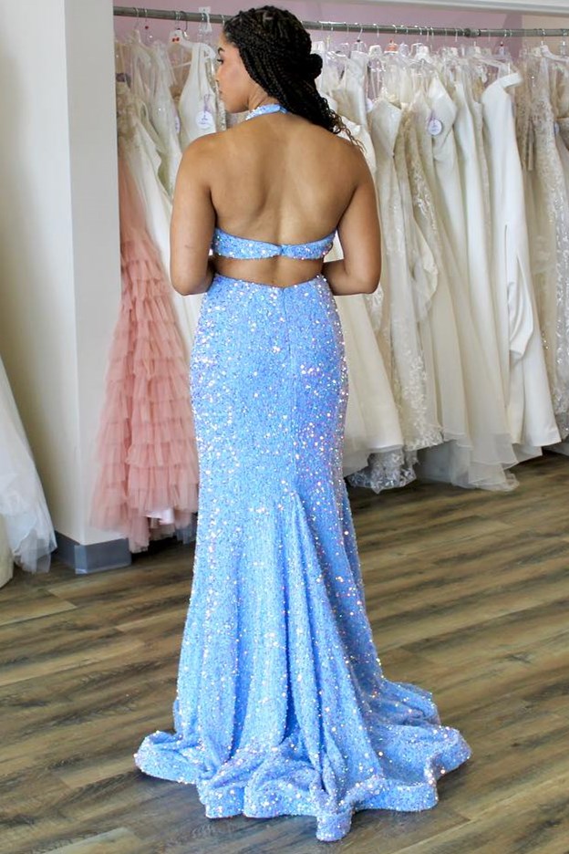 Blue Iridescent Sequin Halter Trumpet Long Prom Dress