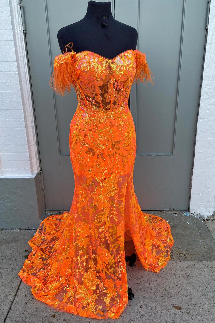 Orange Off-the-Shoulder Sequin Applique Mermaid Long Dress with Slit