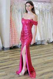 Pink Sequin Off-the-Shoulder Ruching Long Gown with Slit
