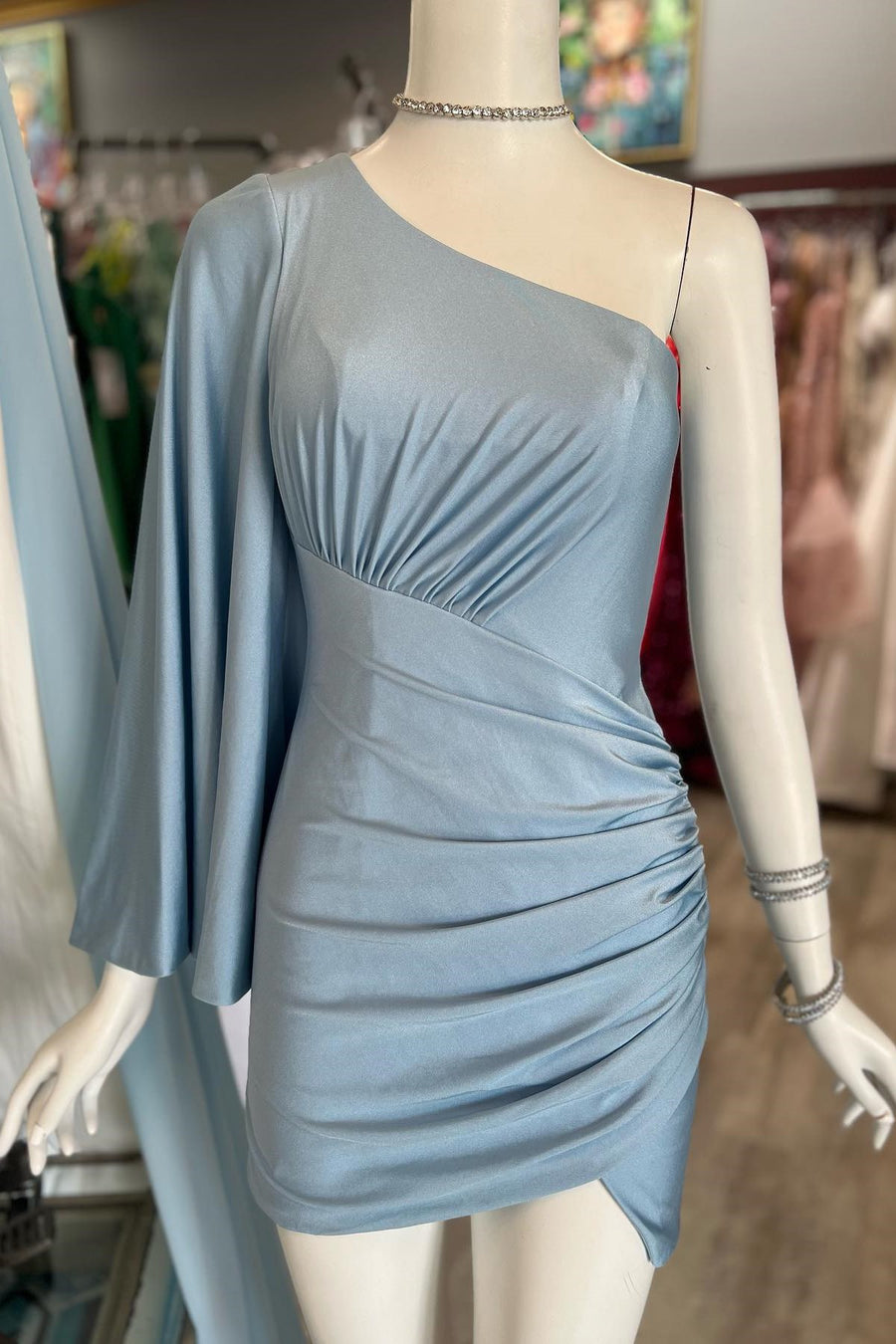 Dusky Blue One-Sleeve Tulip Short Party Dress