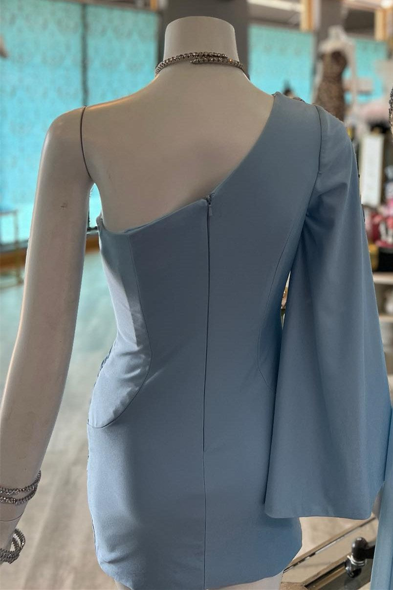 back of One-Sleeve Tulip Short Party Dress in dusky blue
