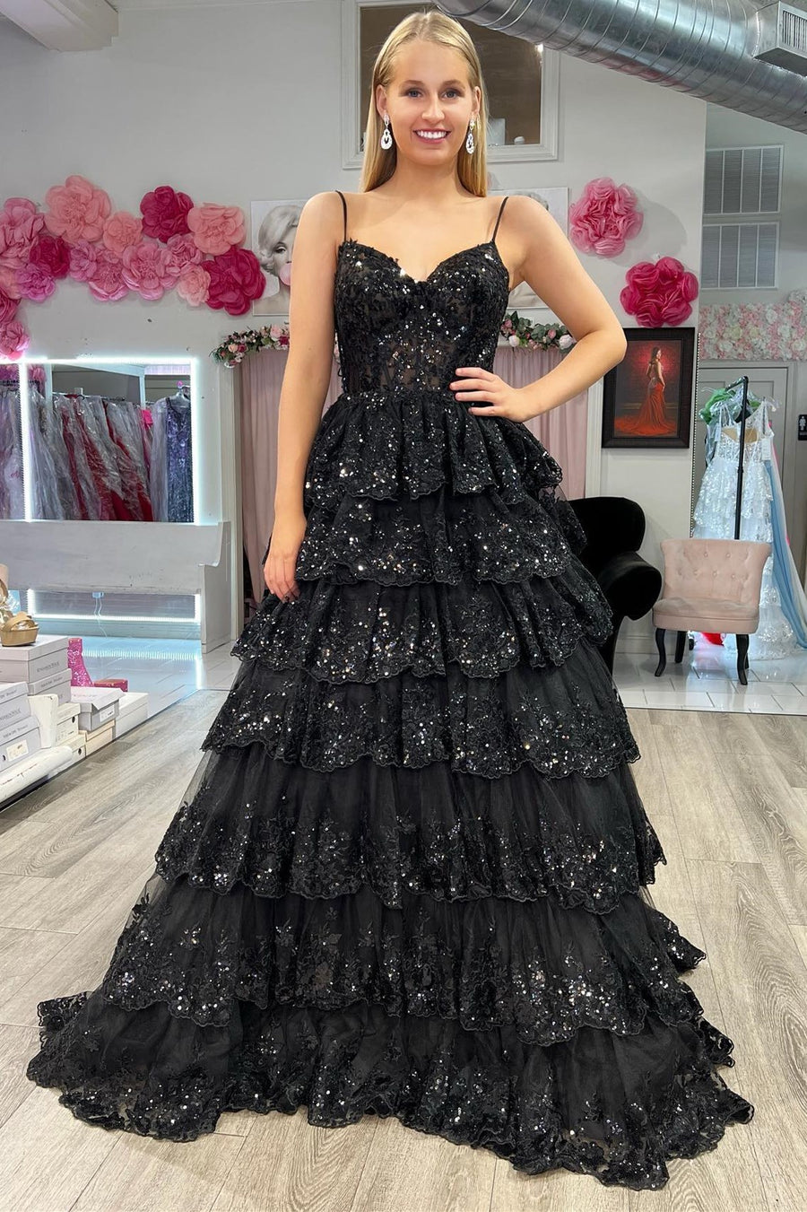 Black Tulle Sequin Tiered Long Gown with Spaghetti Straps