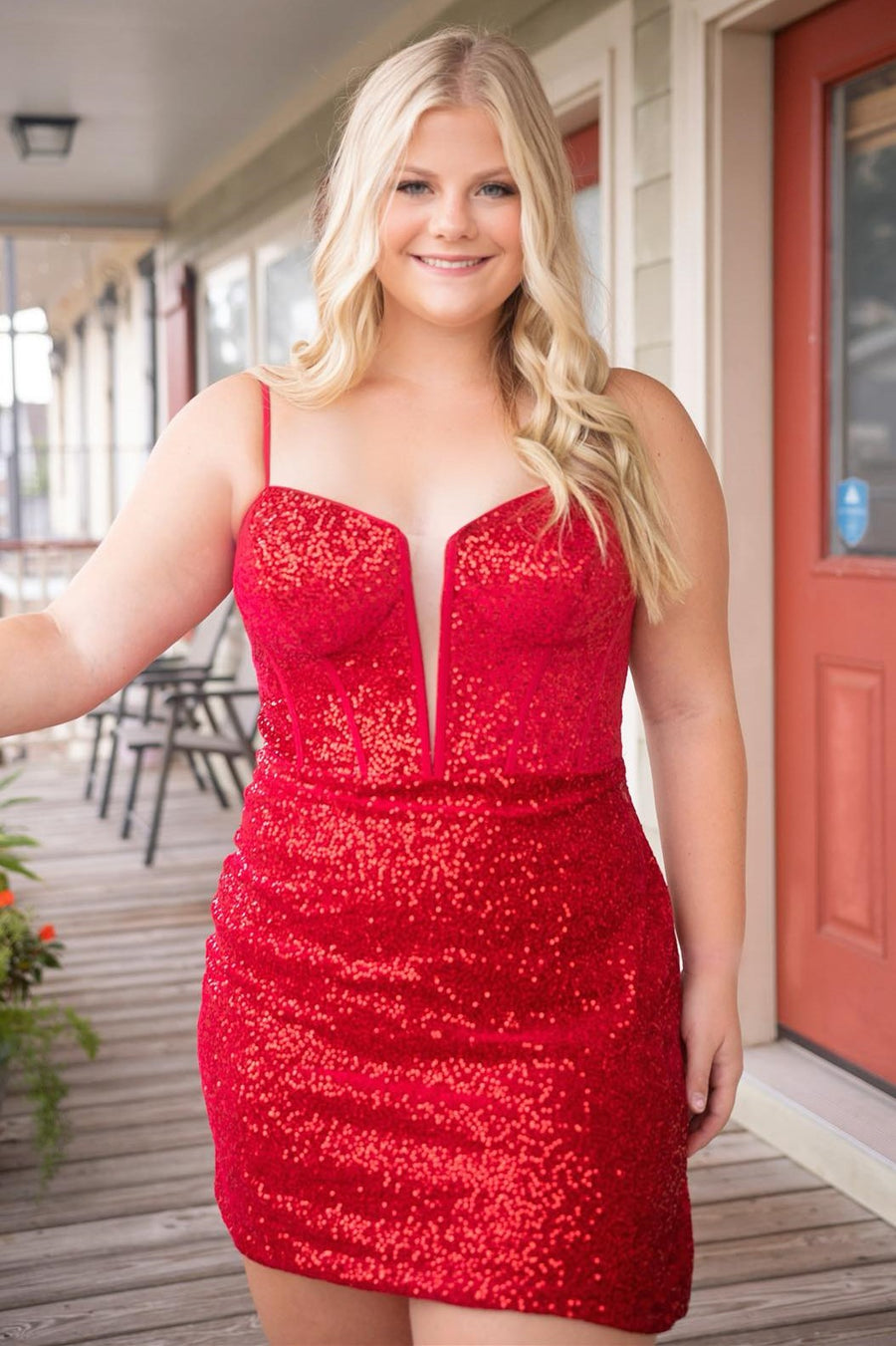 Red Sequin Scoop Neck Lace-Up Short Homecoming Dress