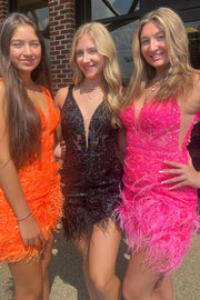 Orange Sequin Lace Plunge V Short Dress with Feathers