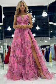 Bright Pink Print Strapless A-Line Long Dress with Slit