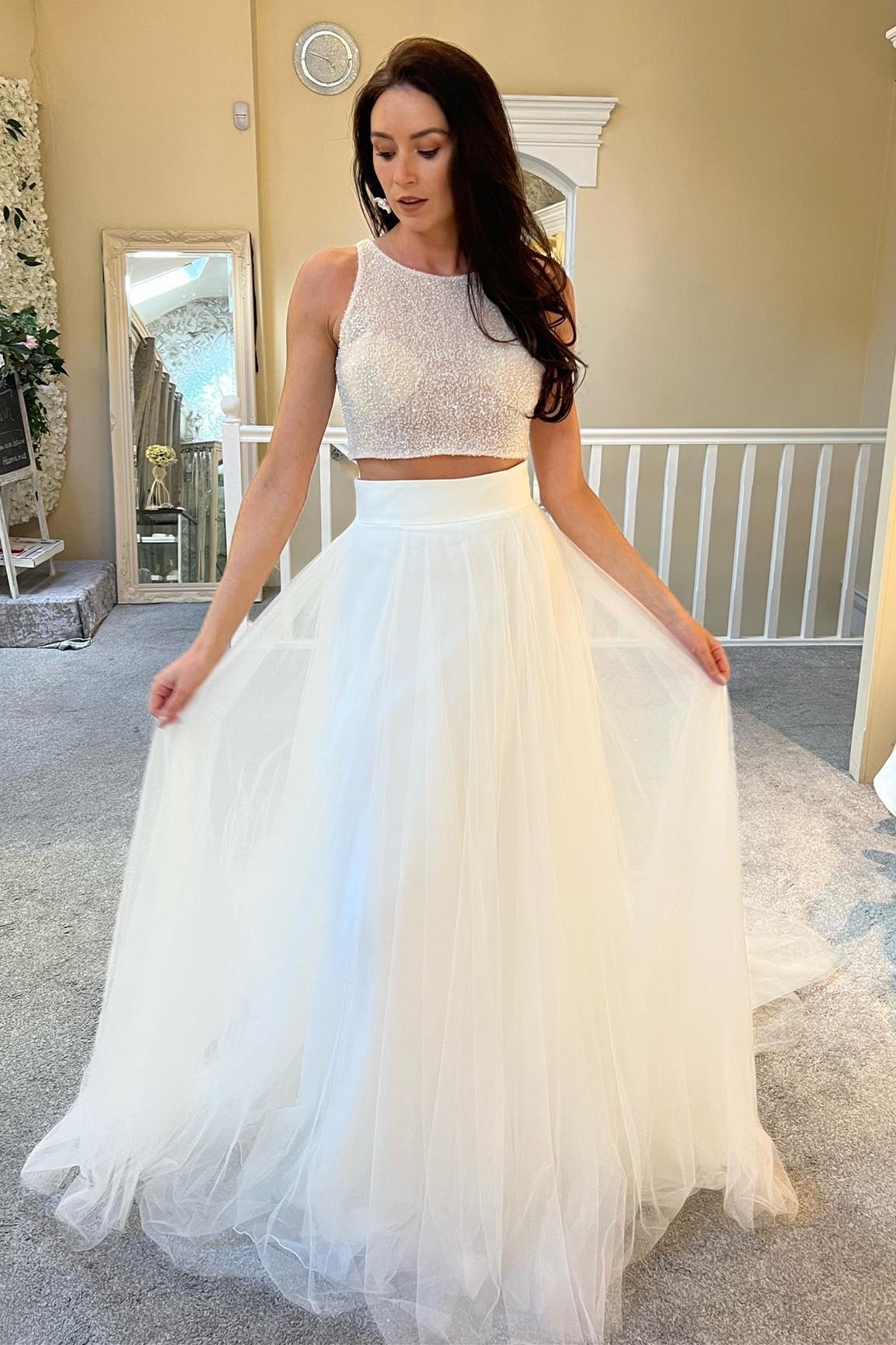 Two-Piece White Beaded A-Line Long Wedding Dress