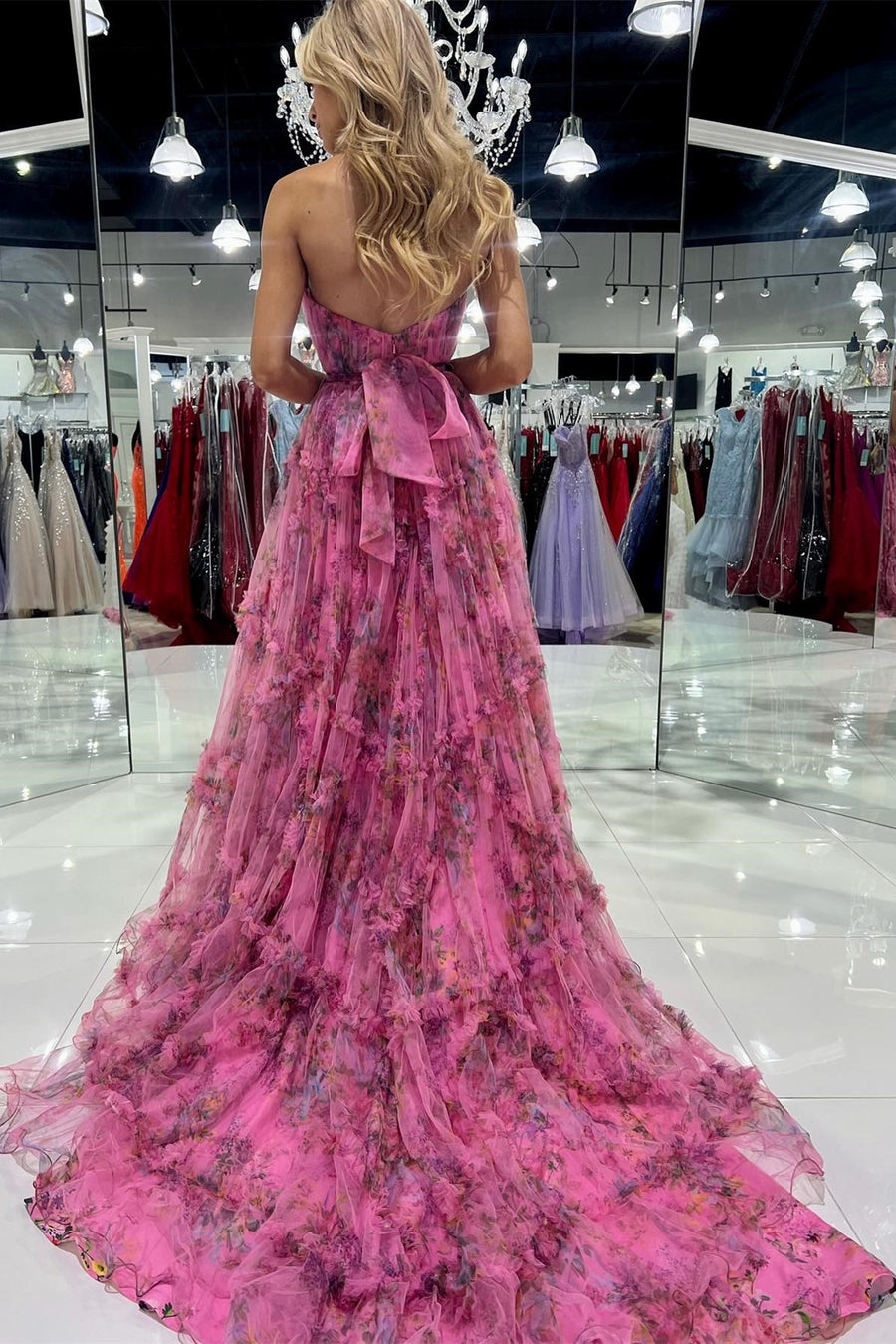 Bright Pink Print Strapless A-Line Long Dress with Slit