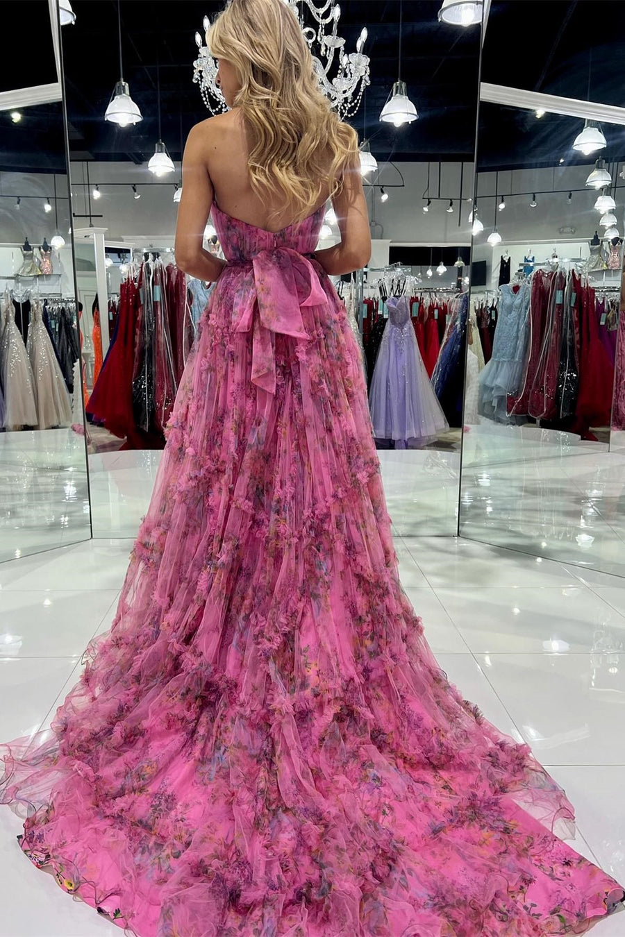 Bright Pink Print Strapless A-Line Long Dress with Slit Modsele Bright Pink Print Strapless A-Line Long Dress with Slit Modsele