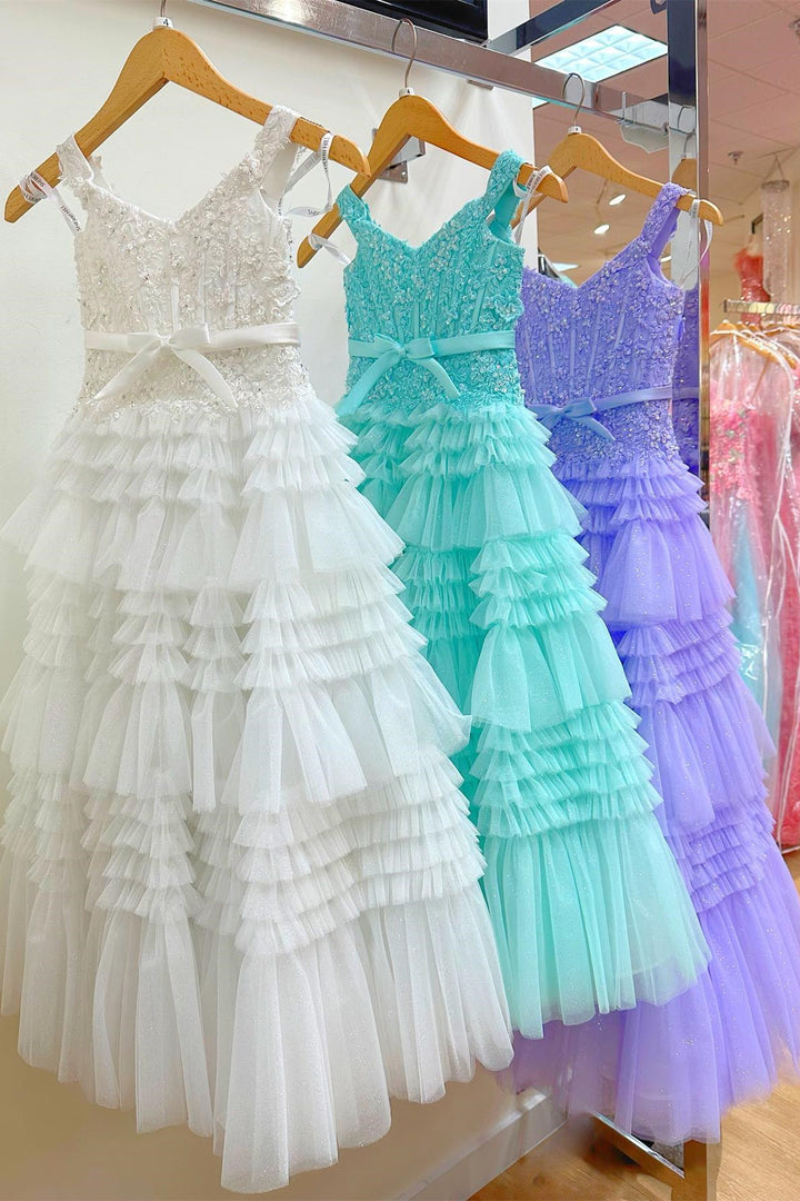 White Off-the-Shoulder Tiered Girl Pageant Dress with Ruffles