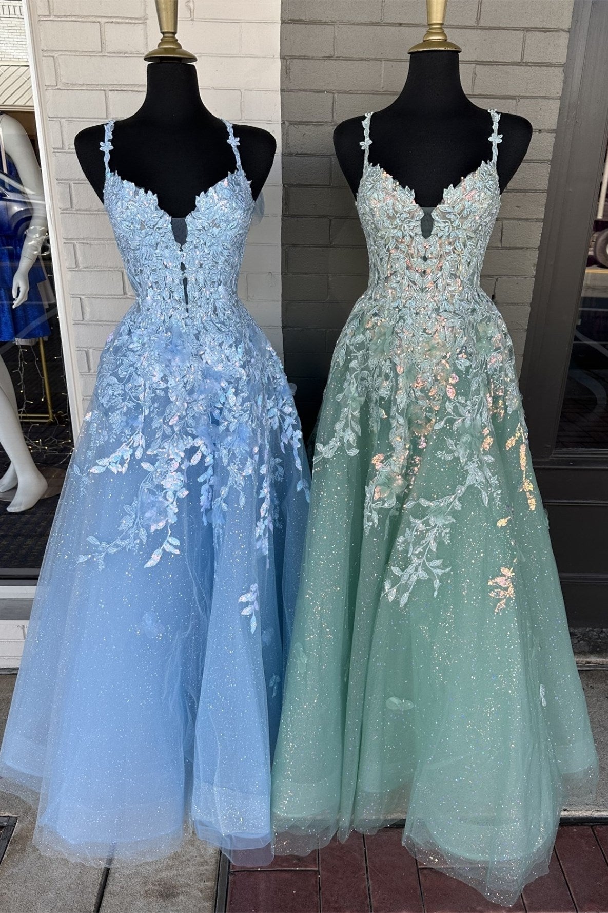 A-Line Appliques Plunge V Long Prom Dresses with  Detachable Sleeves in light blue and light green