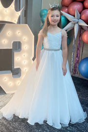 White Organza Beaded Cold-Shoulder A-Line Girl Pageant Dress