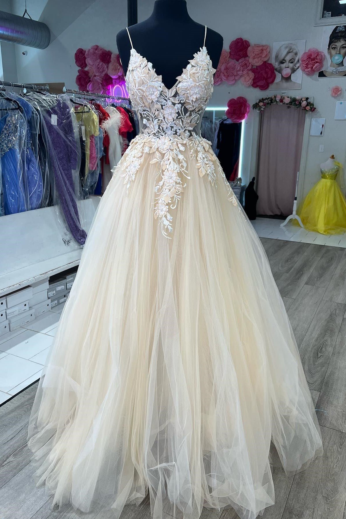 Cream Tulle Appliques Spaghetti Strap A-Line Long Prom Dress Modsele Cream Tulle Appliques Spaghetti Strap A-Line Long Prom Dress Modsele