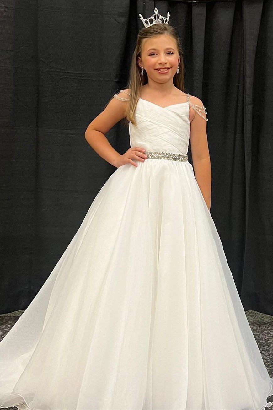 White Organza Beaded Cold-Shoulder A-Line Girl Pageant Dress