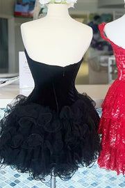 Black Velvet Strapless Ruffles Short Homecoming Dress