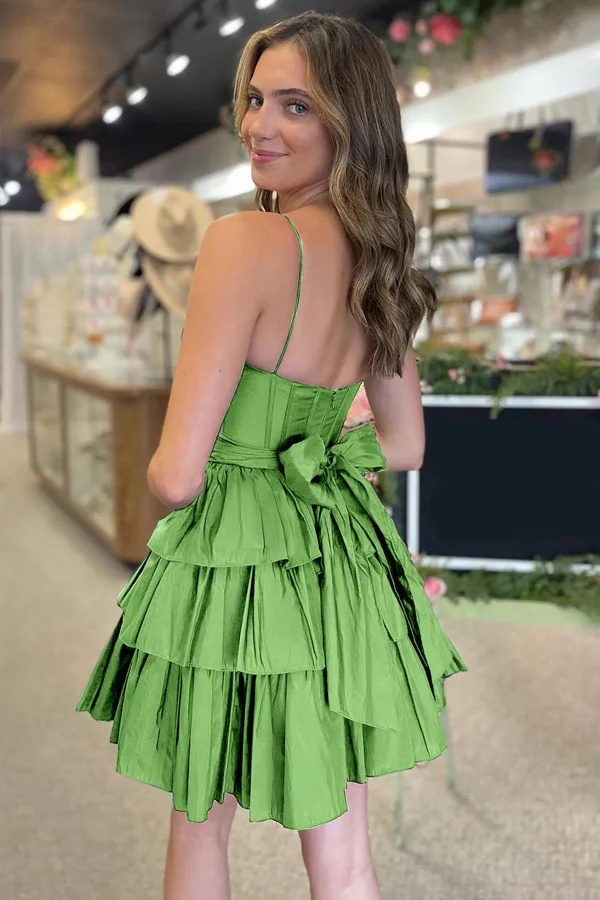 Chic Spaghetti Straps Sleeveless A-Line Ruffle Satin Homecoming Dress Modsele Chic Spaghetti Straps Sleeveless A-Line Ruffle Satin Homecoming Dress Modsele