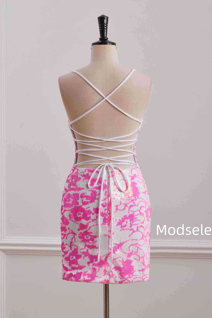 Tight Pink&White V-Neck Sequined Sleeveless Homecoming Dress