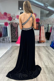 Black Velvet One-Shoulder Beaded Long Formal Dress