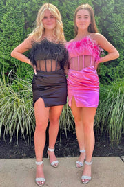 Mesh Strapless Ruching Short Homecoming Dress with Feathers