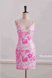 Tight Pink&White V-Neck Sequined Sleeveless Homecoming Dress