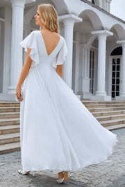 White Chiffon V-Neck A-Line Long Dress with Flared Sleeves