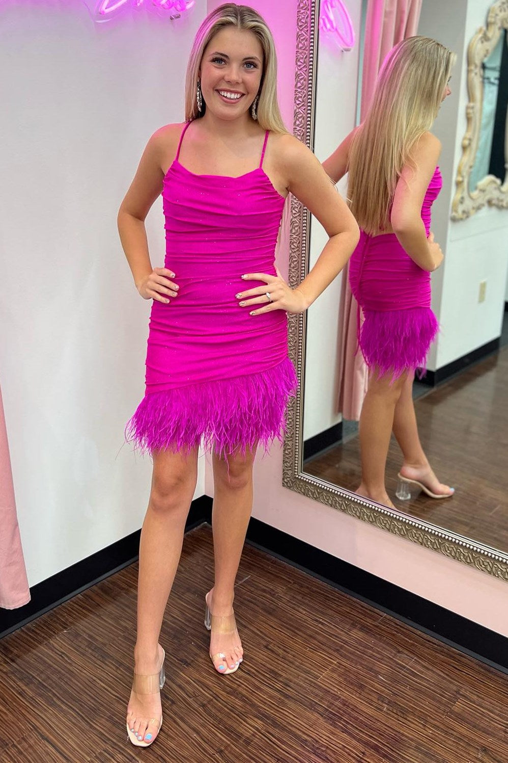 Magenta Spaghetti Strap Ruched Short Dress with Feathers – Modsele