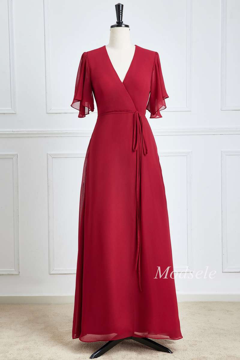 Wine Red Chiffon Surplice Neck A-Line Long Bridesmaid Dress