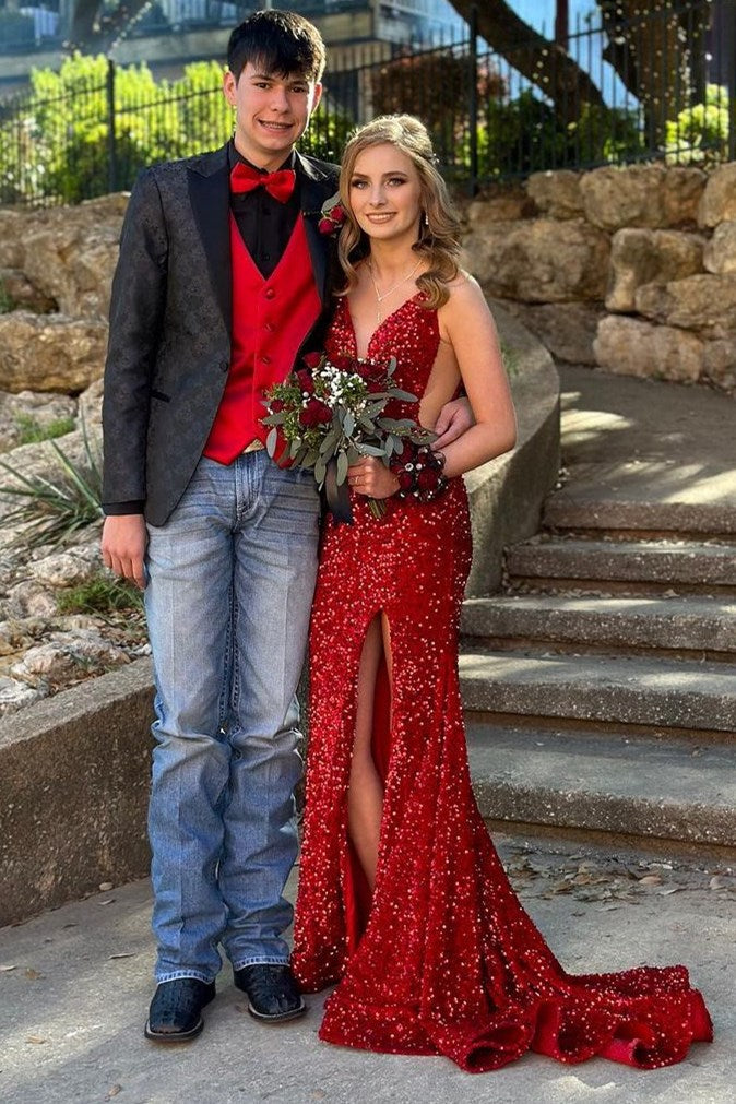 Red Sequin Sheer Mesh Mermaid Long Formal Dress with Slit Modsele Red Sequin Sheer Mesh Mermaid Long Formal Dress with Slit Modsele
