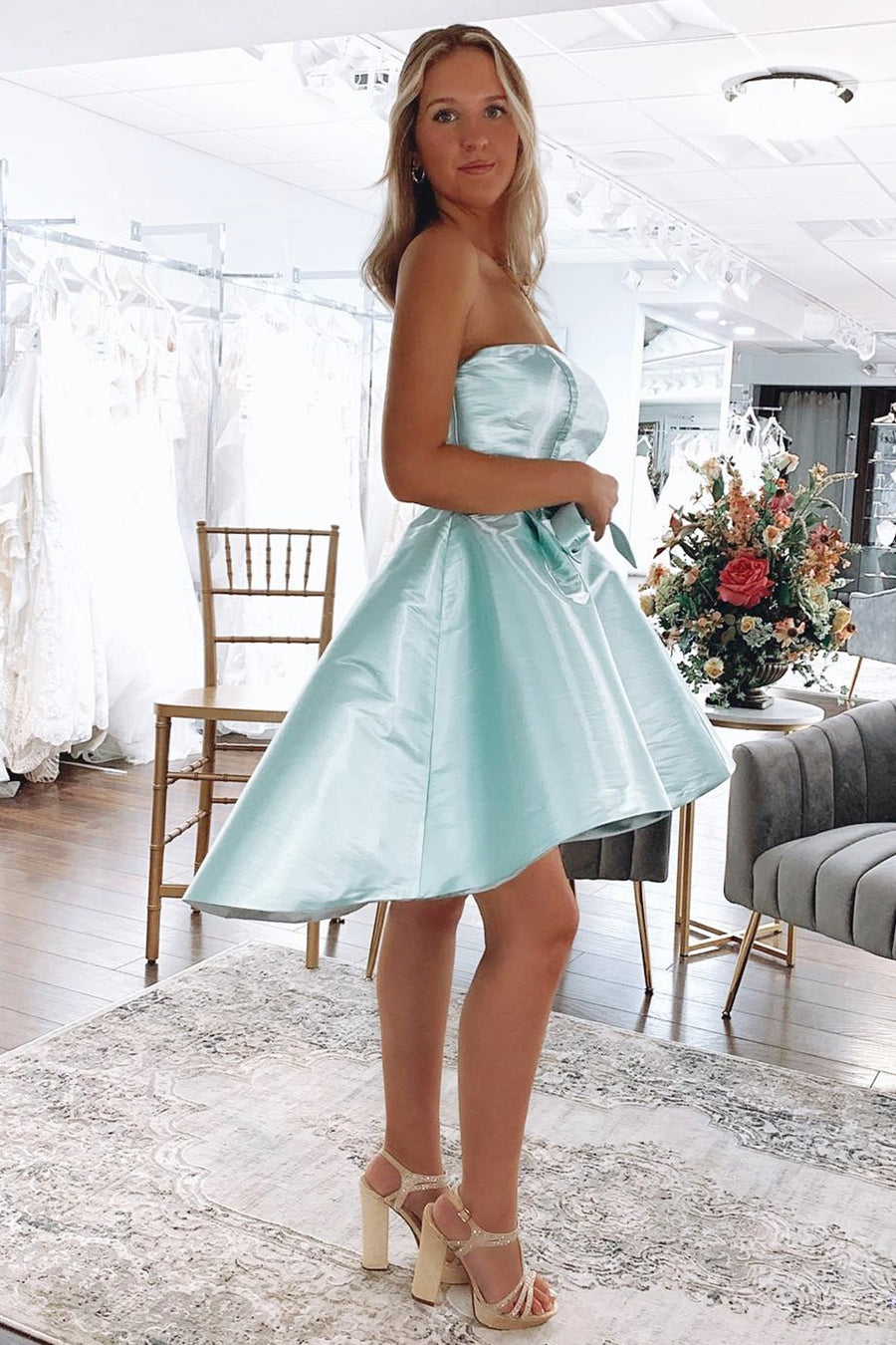 High-Low Mint Strapless A-Line Short Gown